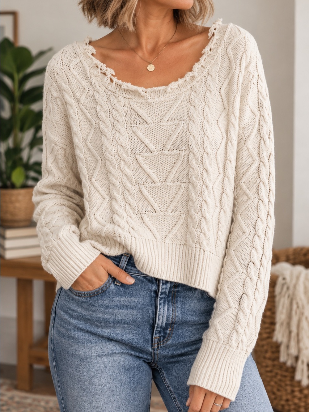 Known Supply Natural Cable Knit Sweater L Organic Cotton Distressed Neckline